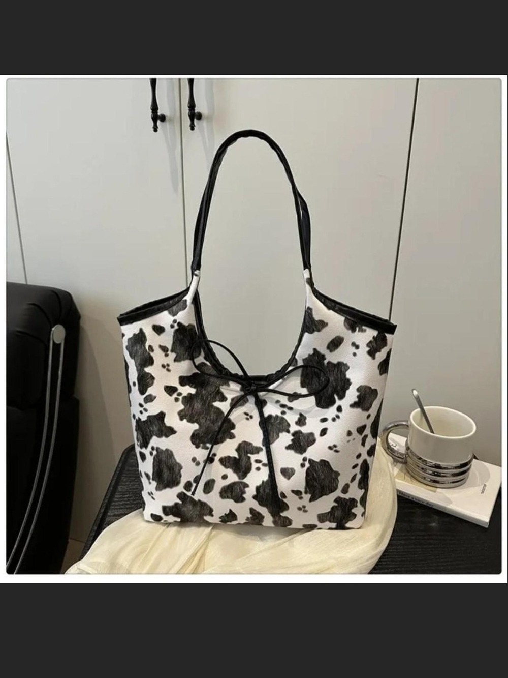 Black & White Cow Print Tote Bag with Bow Detail